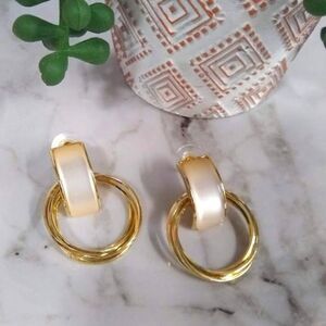 Classy Light Cream Acrylic Bar Earrings with Layered Golden Hoops